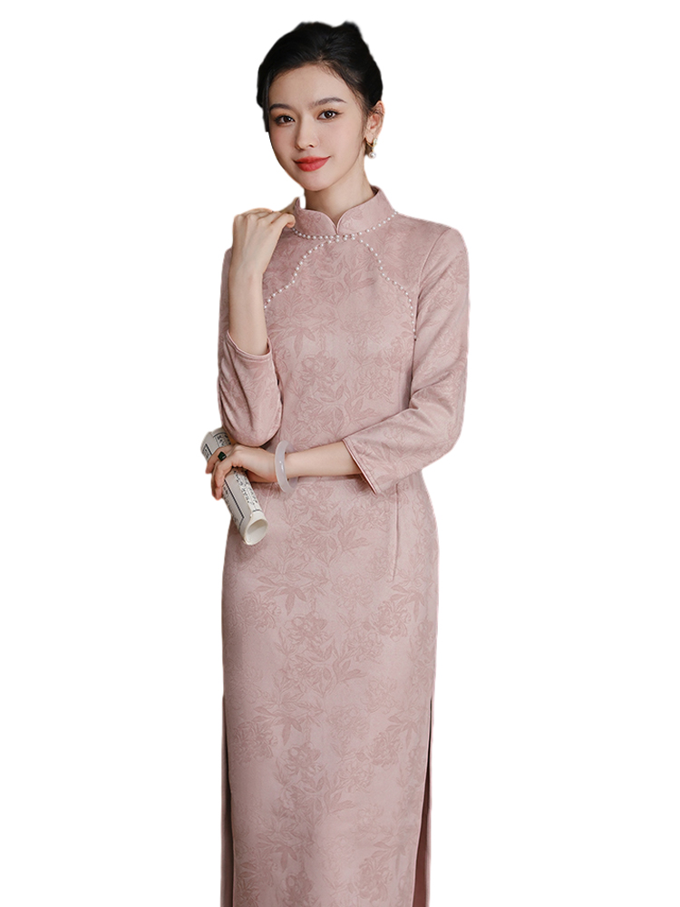 新中式纯色粉色长袖旗袍2023年轻款高端气质改良少女秋冬季连衣裙