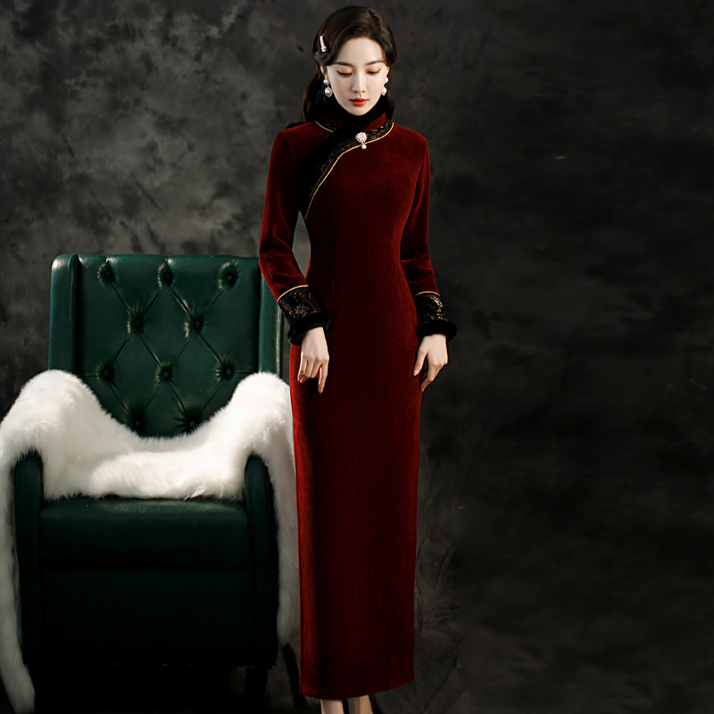 老上海长款旗袍2021年秋冬季连衣裙 红舍旗袍