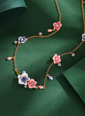 珍珠粉紫色渐变兰花水晶流苏项链