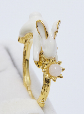 花朵兔子白色珍珠指环珐琅彩戒指