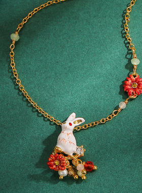 雏菊花朵珍珠流苏白色兔子项链女