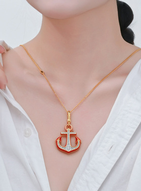 珐琅釉红色满钻船锚吊坠项链复古