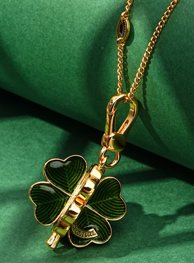 立体珐琅绿色幸运四叶草吊坠项链