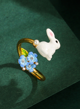 花朵兔子戒指水晶珍珠开口可调节