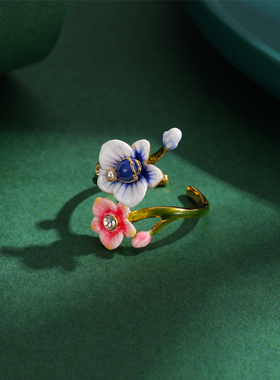 水晶珍珠兰花朵开口可调节戒指女