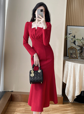 红色鱼尾包臀连衣裙女长裙