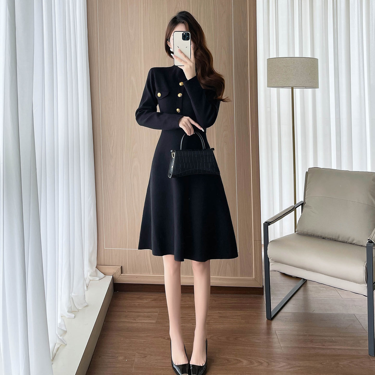 高级感超好看针织连衣裙女秋冬收腰显瘦A字裙内搭打底毛衣小黑裙,淘宝优惠券,粉丝福利购,淘宝优惠卷