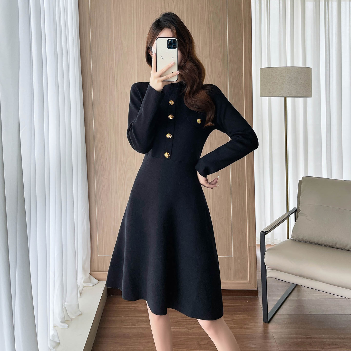 高级感超好看针织连衣裙女秋冬收腰显瘦A字裙内搭打底毛衣小黑裙,淘宝优惠券,粉丝福利购,淘宝优惠卷