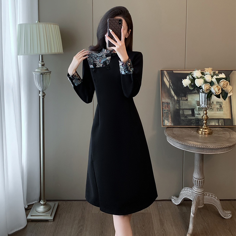 新中式国风提花拼接连衣裙女秋冬季新款修身显瘦旗袍内搭气质裙子 - 图1