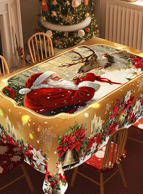Golden Santa Claus Pattern Printed Tablecloth Christmas Deco