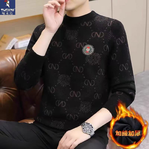 啄木鸟冬季一体绒打底衫男士毛衣加绒加厚保暖长袖针织衫内搭上衣 - 图0