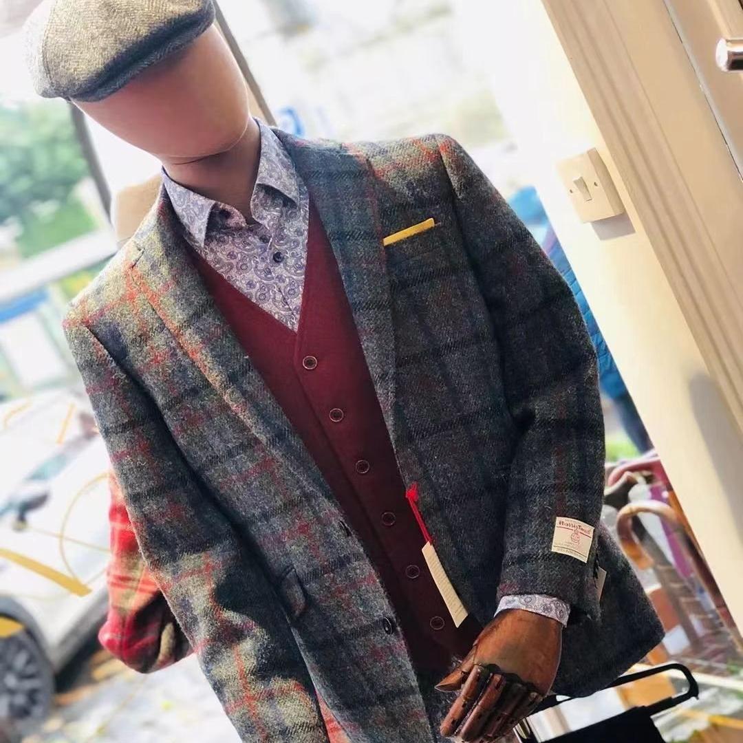 蓝灰色格纹英国进口Harris Tweed哈里斯粗花呢大衣西装手工羊毛料 - 图1