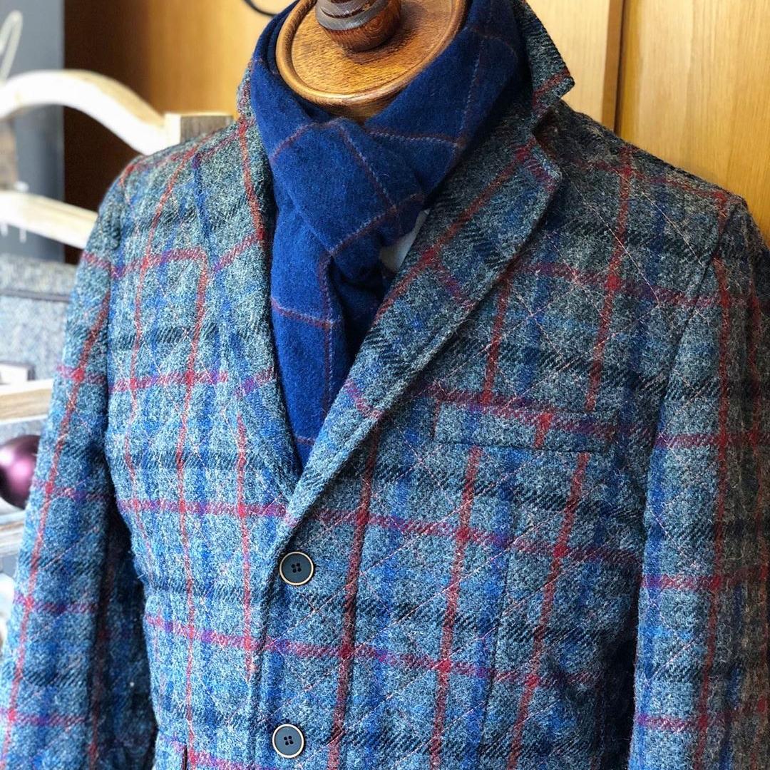 蓝灰色格纹英国进口Harris Tweed哈里斯粗花呢大衣西装手工羊毛料 - 图2