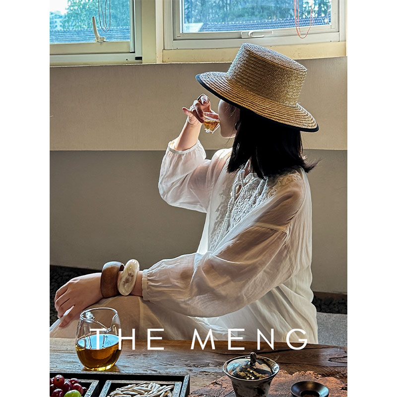 梦梦THEMENG【茶白】苎麻长袖两件套纯色刺绣花纹圆领连衣裙秋季