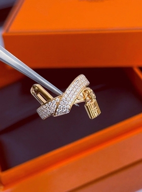 欧美时尚小众满钻H锁扣扭结交叉戒指女高碳钻kelly皮带扣锁头指环