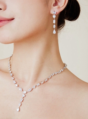 镀白金女异形高碳钻项链耳坠