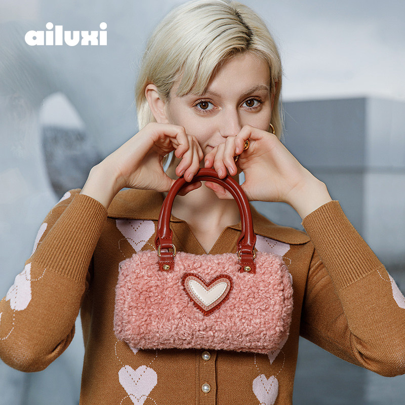 爱路喜冬季羊羔毛粉色毛毛包女可爱毛绒波士顿包毛茸茸手提斜挎包,淘宝优惠券,粉丝福利购,淘宝优惠卷