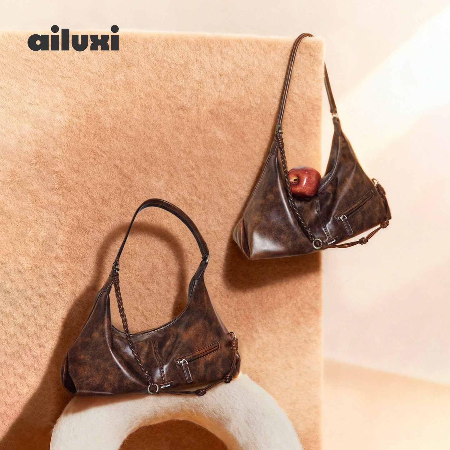 爱路喜腋下经典hobo包包女百搭休闲复古棕色通勤包软皮手提饺子包,淘宝优惠券,粉丝福利购,淘宝优惠卷