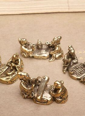 复古实心纯黄铜办公桌面车载小摆件老人琴棋书画道工艺品手把玩件