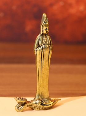 黄铜供佛香插观音菩萨摆件实心观世音佛像纯铜桌面金属工艺品