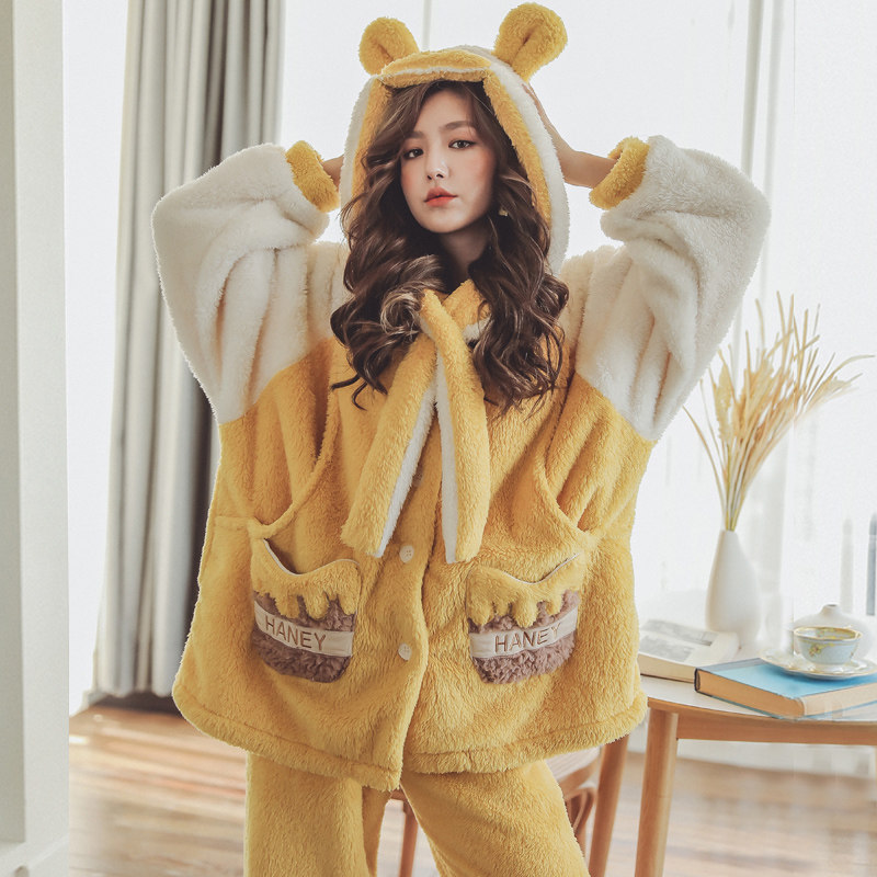 月子服秋冬季款产后加厚珊瑚绒睡衣 欧美妃家居服套装