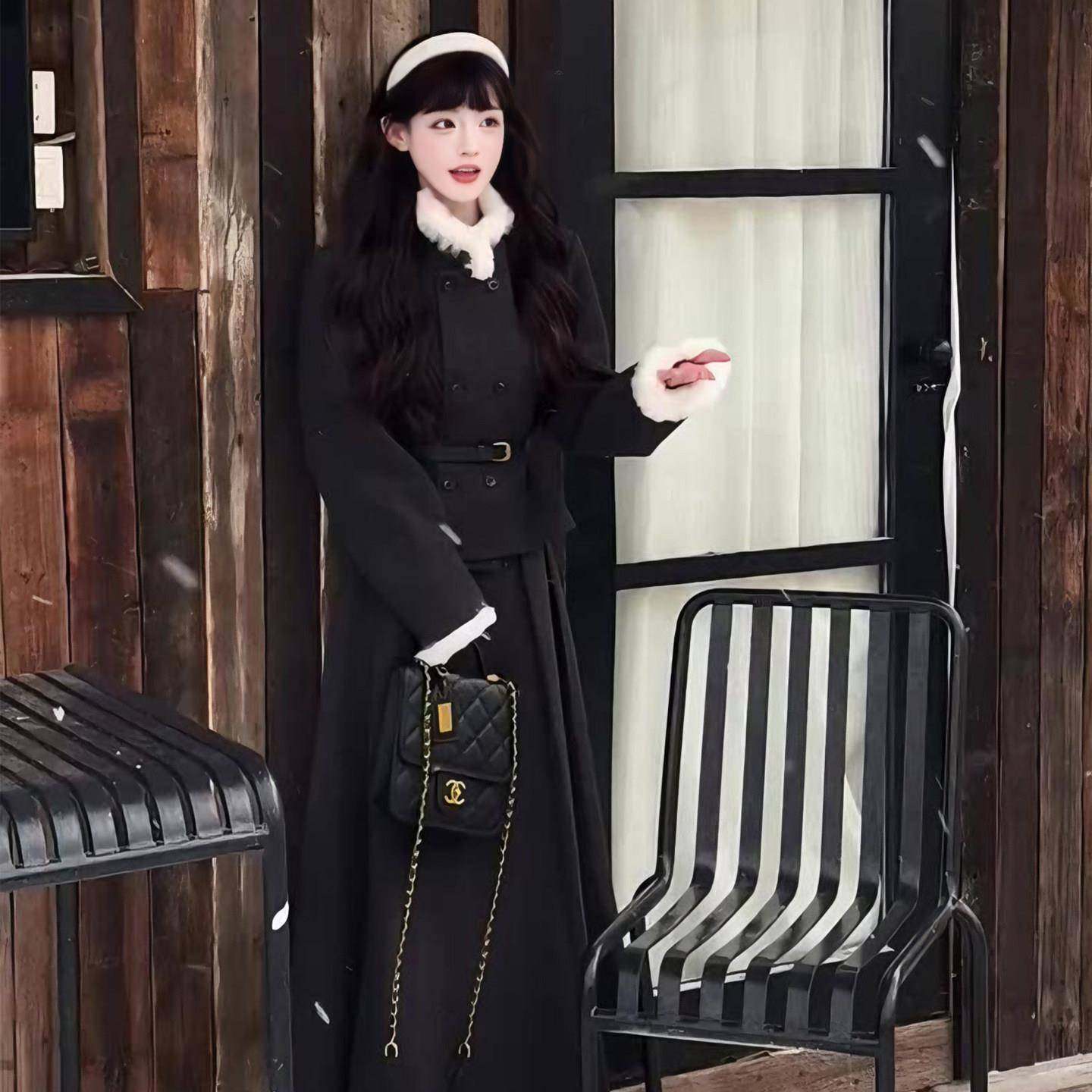 韩系富家千金小香风黑色毛呢子外套女秋冬高腰半身长裙子两件套装,淘宝优惠券,粉丝福利购,淘宝优惠卷