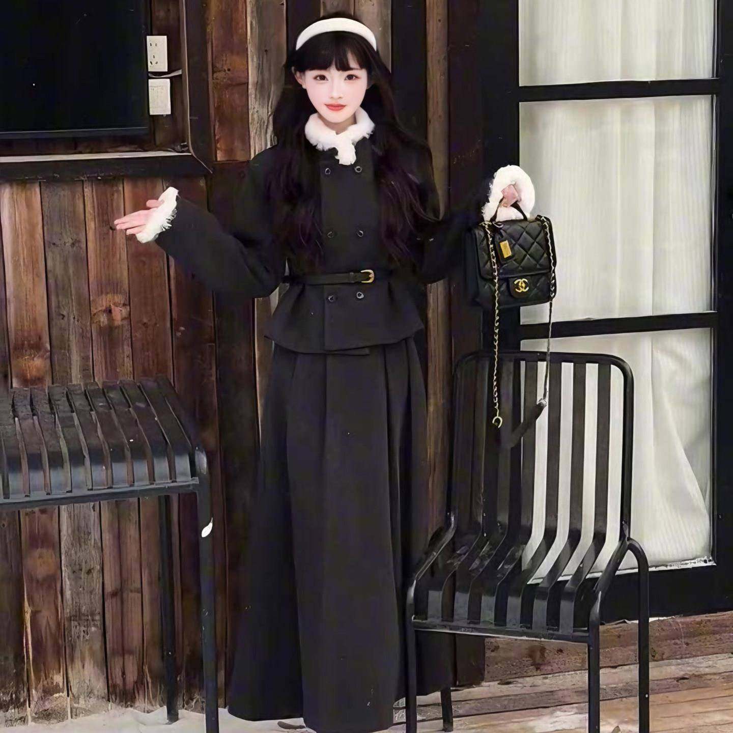 韩系富家千金小香风黑色毛呢子外套女秋冬高腰半身长裙子两件套装,淘宝优惠券,粉丝福利购,淘宝优惠卷