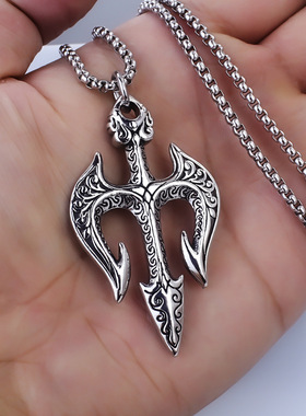 北欧风项链男潮百搭不锈钢三叉戟吊坠个性朋克图腾花纹复古毛衣链