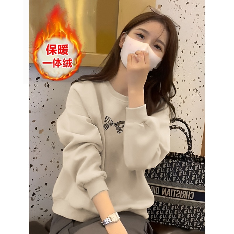 即墨酒红色纯棉卫衣女秋冬新款爆款韩系百搭圆领加绒加厚上衣外套 - 图0