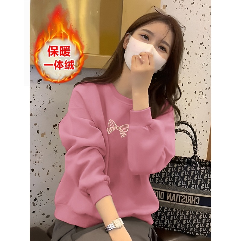 即墨酒红色纯棉卫衣女秋冬新款爆款韩系百搭圆领加绒加厚上衣外套 - 图3