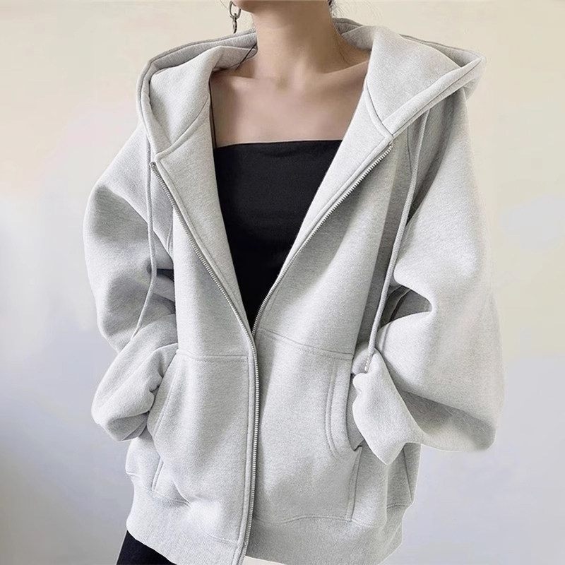 早秋纯棉藏青连帽开衫即墨卫衣女秋冬新款慵懒风宽松加绒女士外套