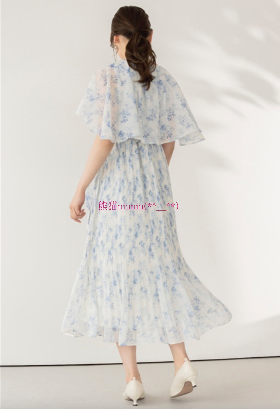 法式茶歇!原厂追加~小嶋阳菜 H家 斗篷式披肩系带印花百褶连衣裙