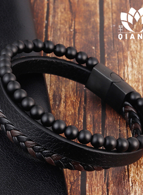 天然石皮手链编织手环多层男士