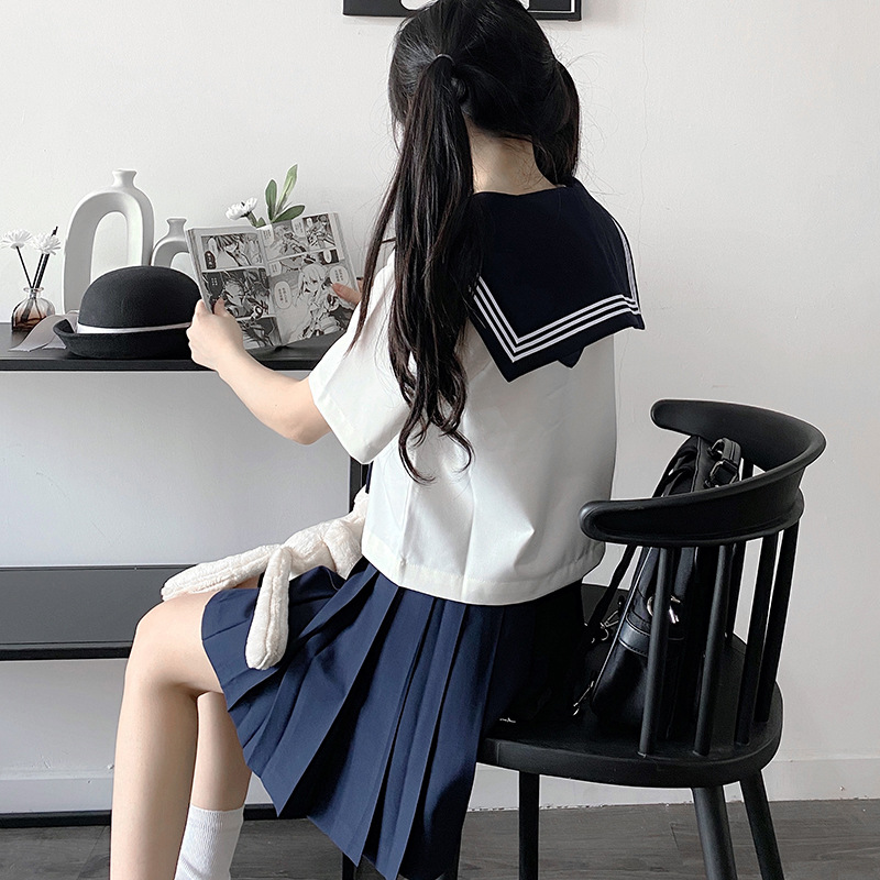 正版基础款绀色领巾白三本jk制服海军风水手服日系校服中间服套装-图1