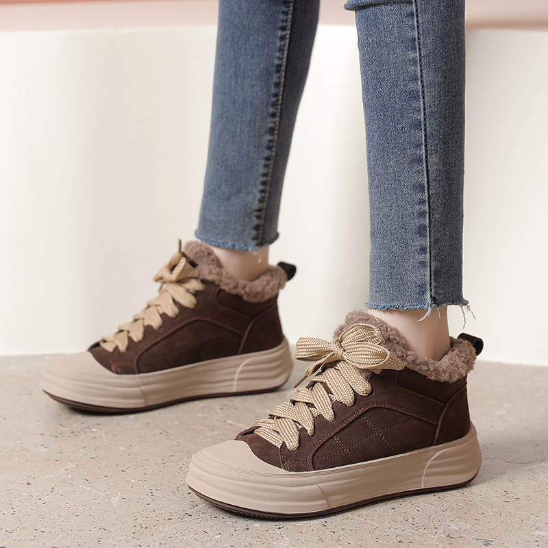 时尚真皮加绒棉鞋女冬季新款系带大码41休闲鞋软底学生鞋毛毛鞋43 - 图1