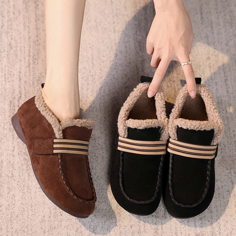 秋冬新款脚宽胖外穿43大码平底女棉鞋2025一脚蹬牛筋底真皮妈妈鞋,淘宝优惠券,粉丝福利购,淘宝优惠卷