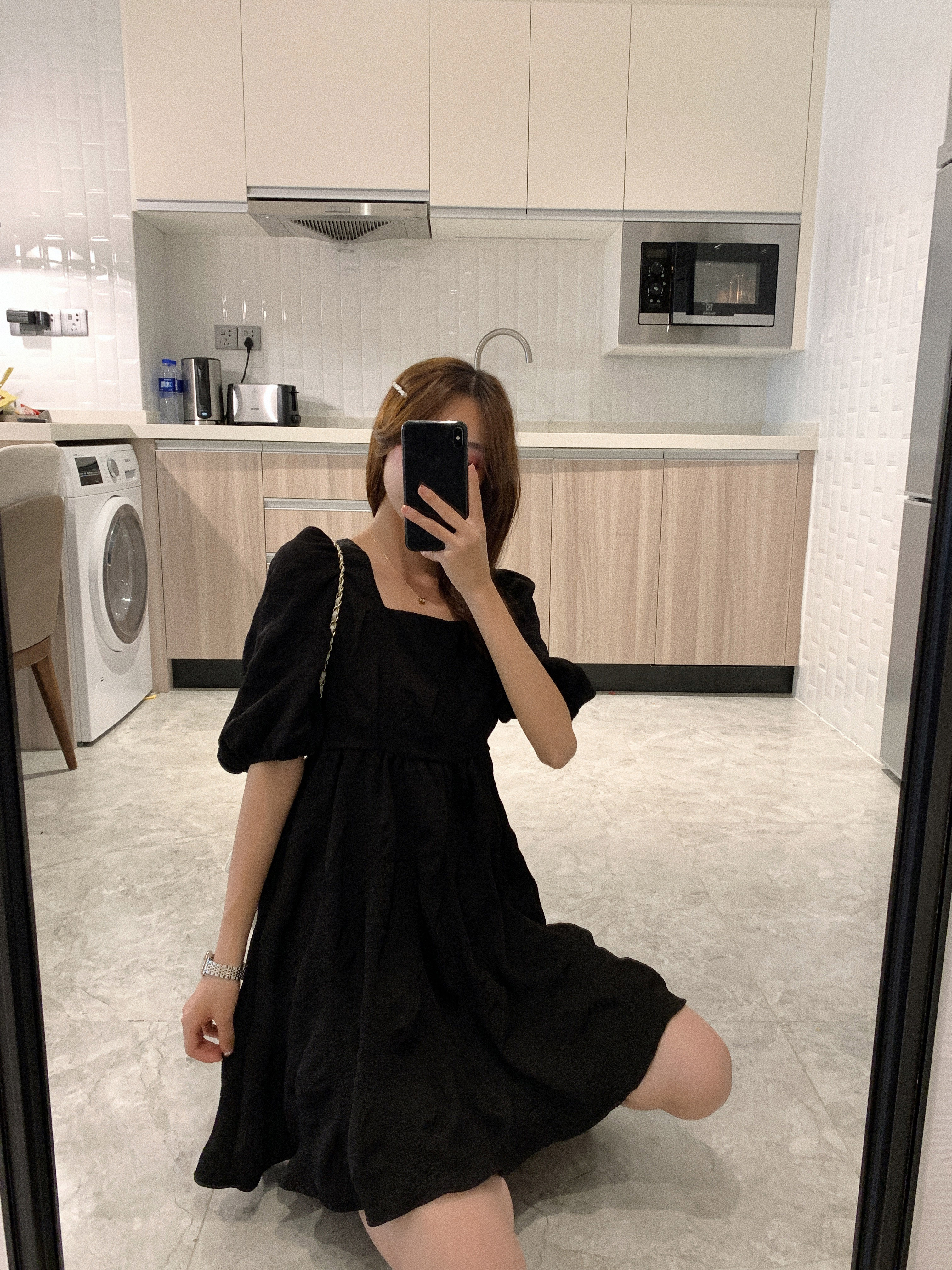 WITHMXBOOM灰灰家定制精品女装灰灰家定制 白色泡泡袖连衣裙小个子短款方领收腰减龄显瘦气质0