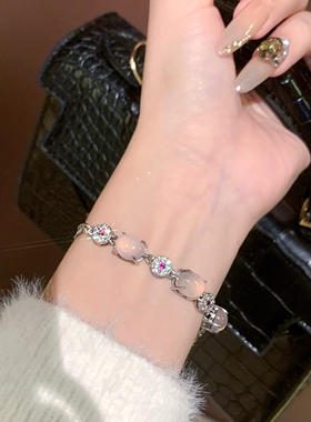 原创设计s925纯银天然粉玉髓玛瑙手链女轻奢小众高级感手串送女友