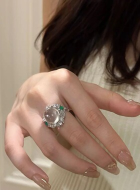 天然水沫玉s925银戒指女轻奢高级感新中式国风白冰蛋面玻璃种指戒