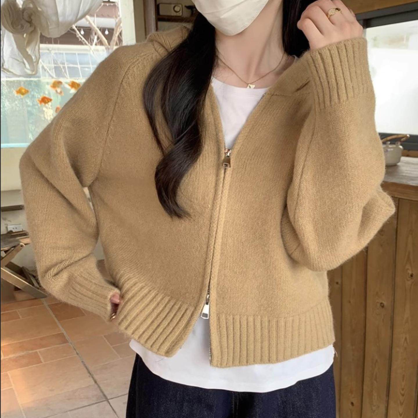 2025秋冬新款100%山羊绒连帽拉链开衫女短款宽松加厚针织毛衣外套,淘宝优惠券,粉丝福利购,淘宝优惠卷