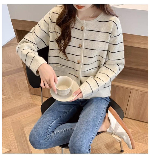 小香风100%山羊绒条纹针织开衫女25秋冬新款百搭短款加厚毛衣外套
