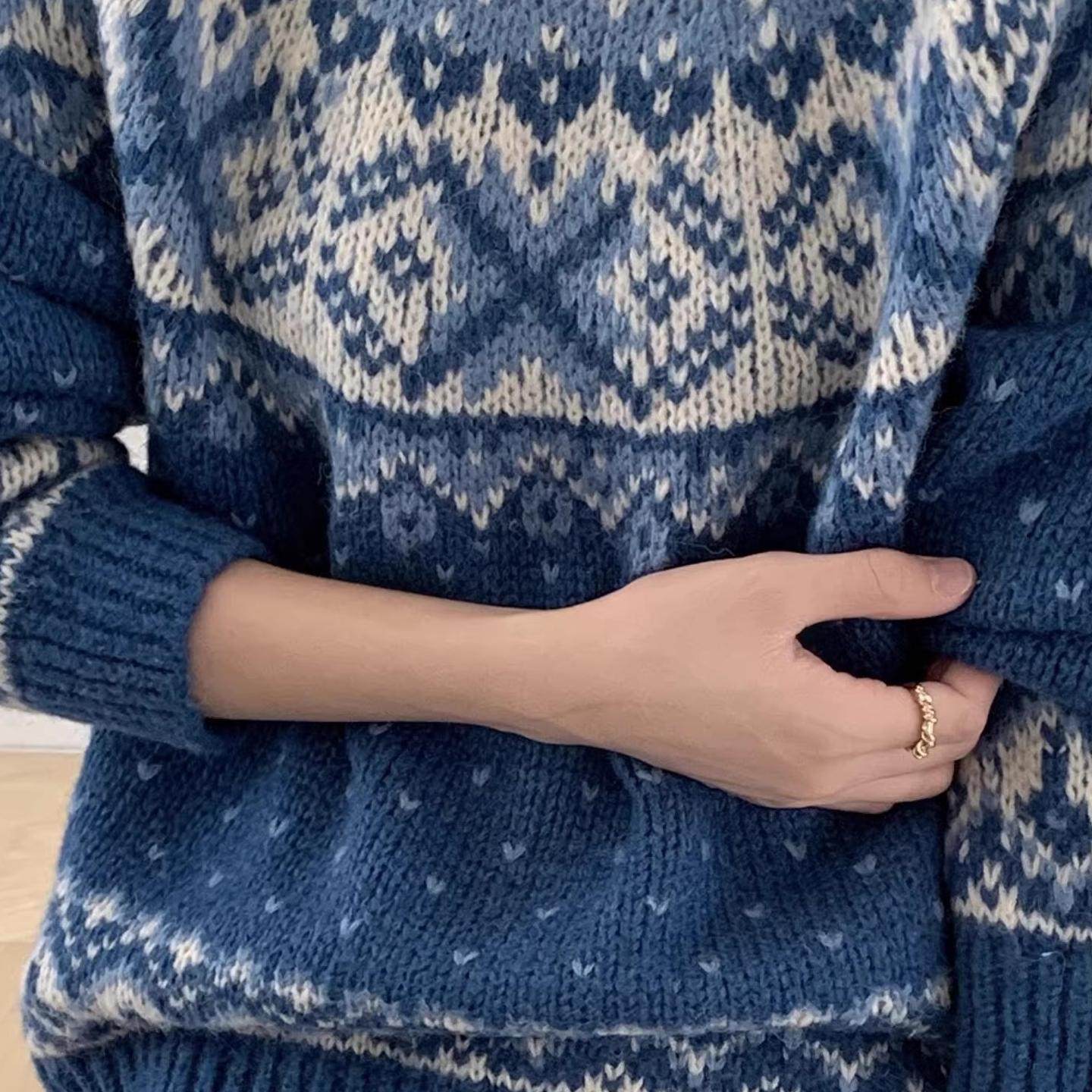 100%山羊绒复古费尔岛毛衣女2025秋冬新款宽松大码加厚针织打底衫,淘宝优惠券,粉丝福利购,淘宝优惠卷