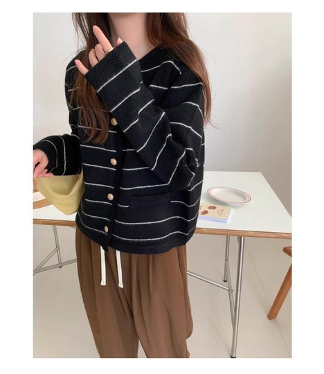 小香风100%山羊绒条纹针织开衫女25秋冬新款百搭短款加厚毛衣外套