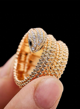 刘亦菲同款戒指镀金头尾带钻双圈珠珠蛇珠粒尖头蛇戒指时尚复古蛇