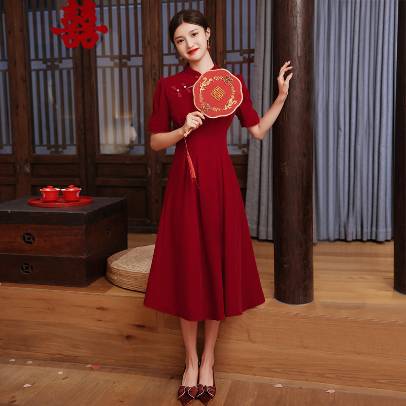 酒红色新娘结婚2021新款旗袍敬酒服 花棠秀礼服/晚装