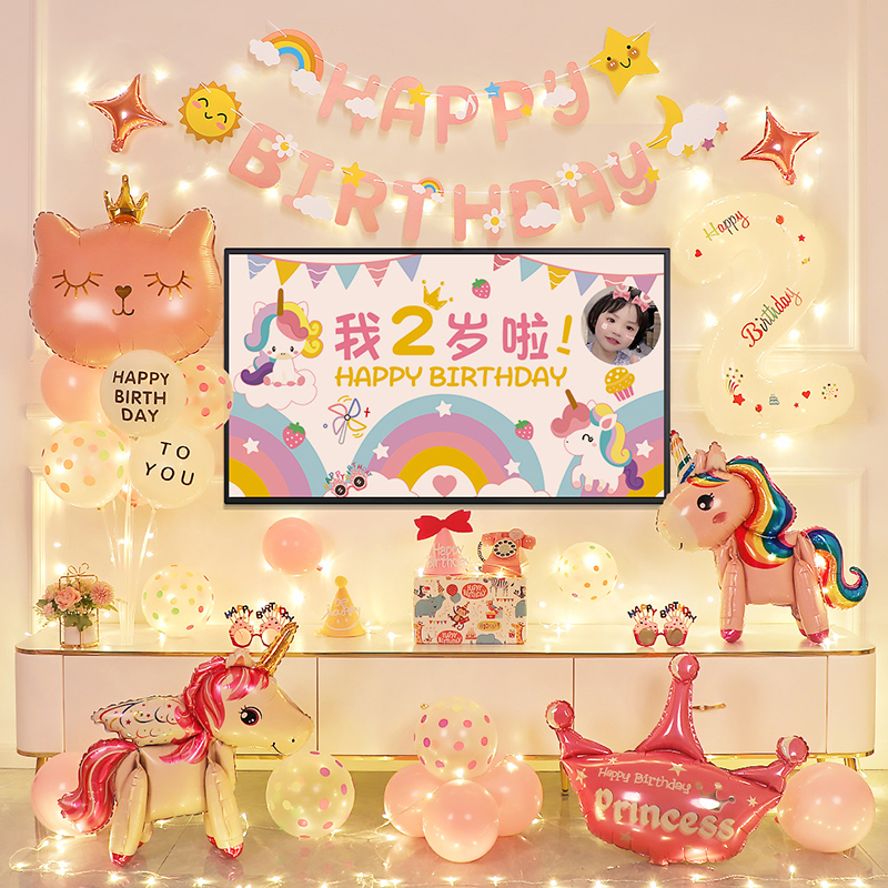 独角兽电视投屏女孩宝宝周岁气球装饰儿童生日派对场景布置背景墙-图2