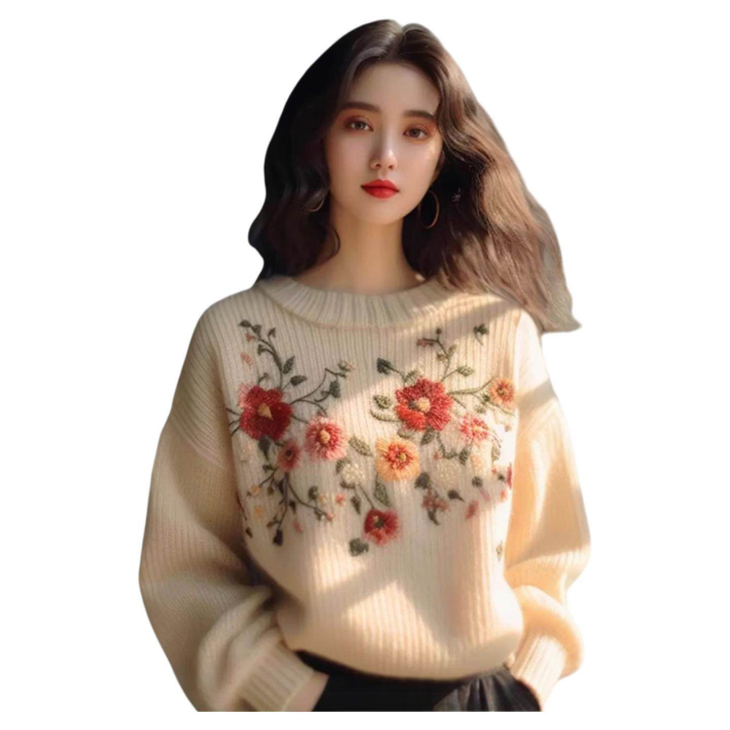 高端重工刺绣100%纯山羊绒毛衣女2025秋冬新款加厚宽松针织打底衫,淘宝优惠券,粉丝福利购,淘宝优惠卷