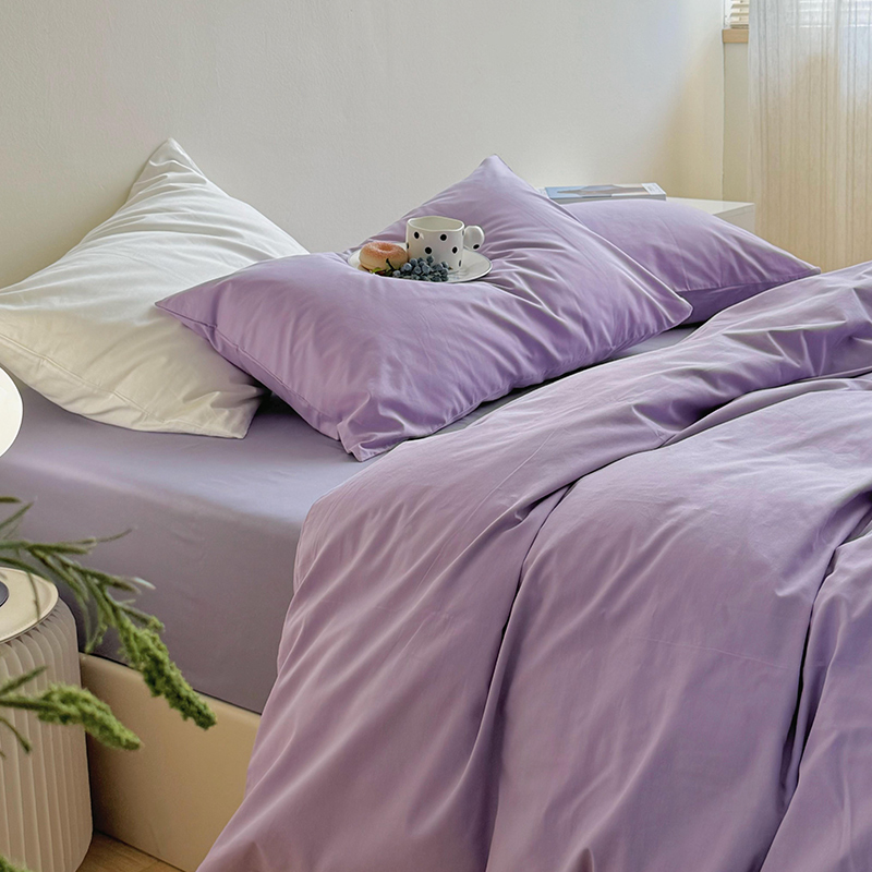 温柔紫简约纯色全棉床上四件套被罩宿舍床单三件套纯棉1.8m床笠款 - 图1