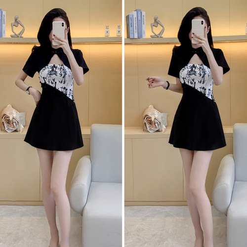 新中式旗袍采耳SPA足浴店女技师衣服短袖套装显瘦工作服旗袍+短裤 - 图0