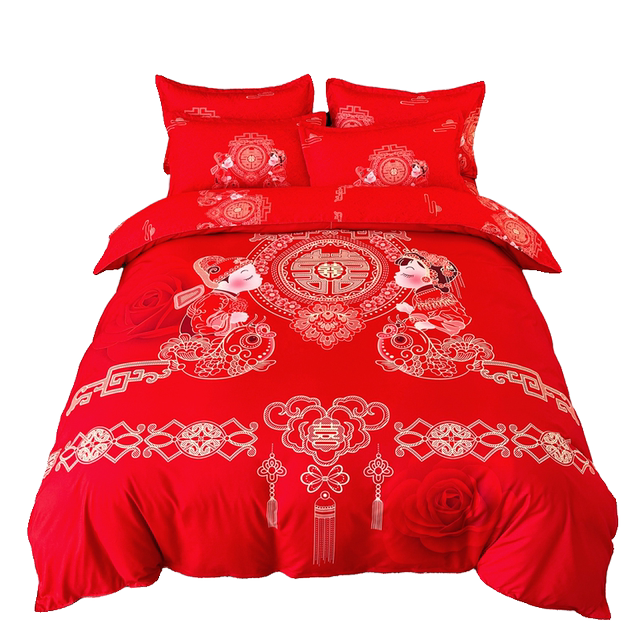Pure cotton red wedding sheet quilt cover four-piece set